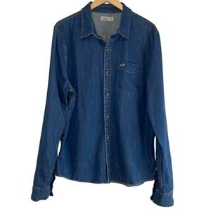Hollister Men's 90s Vibe Denim Button Up Shirt Blue Medium Wash Long Sleeves XL